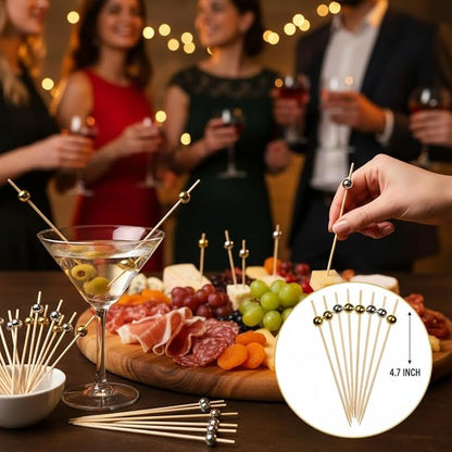 200 Pcs Gold Pearl Cocktail Picks Silver Ball Toothpicks for Appetizers 4.7 Inch Fancy Bamboo Skewers Sticks for Drinks Fruit Sandwich Wedding Charcuterie Party Decor