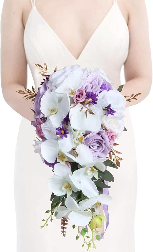 Bridal Bouquets for Bride, 11 Inch Artificial Flowers Bridal Bouquet Cascading Wedding Bouquets for Bride for Wedding Ceremony and Anniversary(White Purple)