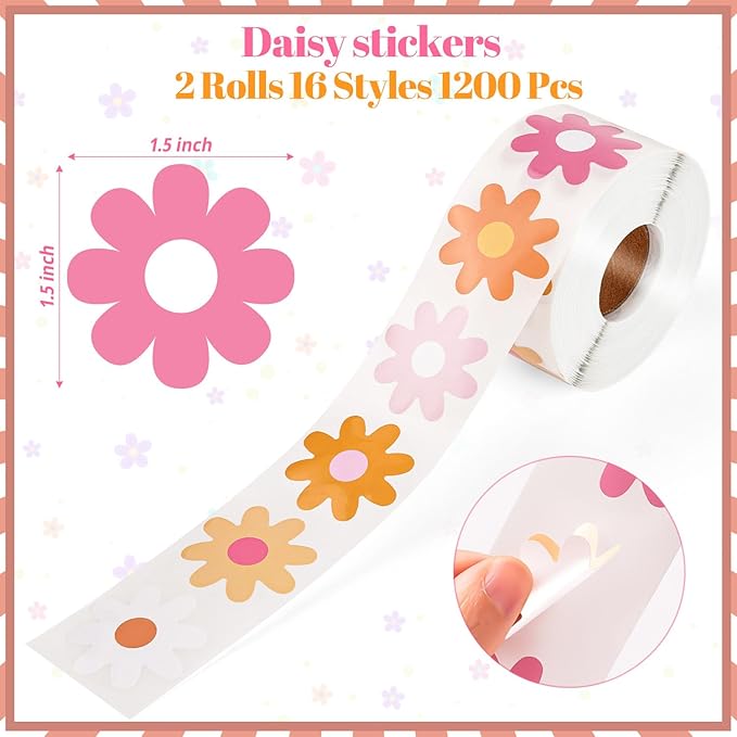 1200 PCS Boho Daisy Stickers Flowers Stickers Retro Daisy Decals 60s 70s Party Favors for Kids Scrapbook Cups Gift Birthday Decor Teacher Reward School Supplies Incentives