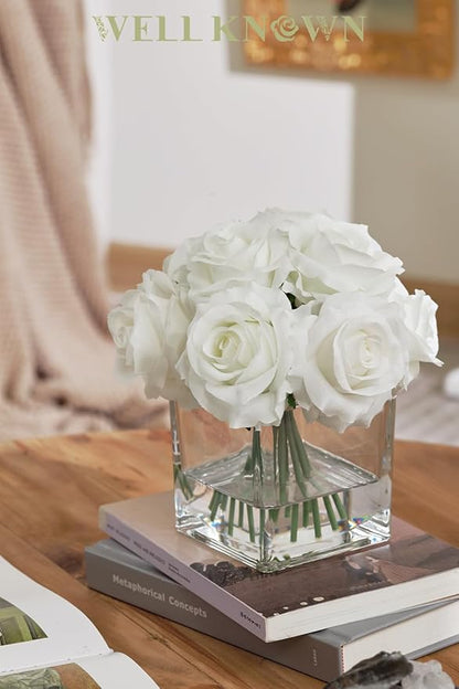 WELL KNOWN Rose Artificial Flowers in Vase with Faux Water, Ivory White Silk Rose Table Centerpieces for Home Coffee Table Decor, Fake Roses Flower Arrangements for Office Hotel Lavatory Decor