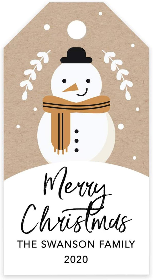 Andaz Press Personalized Christmas Holiday Season Classic Gift Tags, Merry Christmas Custom Family Name and Year, Kraft Brown Snowman with Scarf Design, Holiday Events, Parties, and Favors, 60-Pack