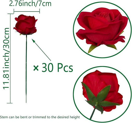 FagusHome 30 Pcs Silk Rose Artificial Flowers Roses Bulk Bouquet Fake Flowers Rose Heads with Stems for Home Wedding Decor (Red)