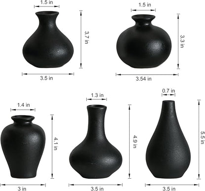 Black Ceramic Bud Vase Set of 5, Mini Vases for Flowers, Decorative Small Vases for Home Decor, Boho Wedding Centerpieces, Living Room, Dining Table & Shelf Decor