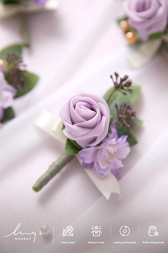Ling's Moment Boutonniere for Men, 10pcs Groomsmen Guest Boutonniere, Artificial Flowers for Wedding Décor/Prom/Homecoming,etc.Purple Lilac