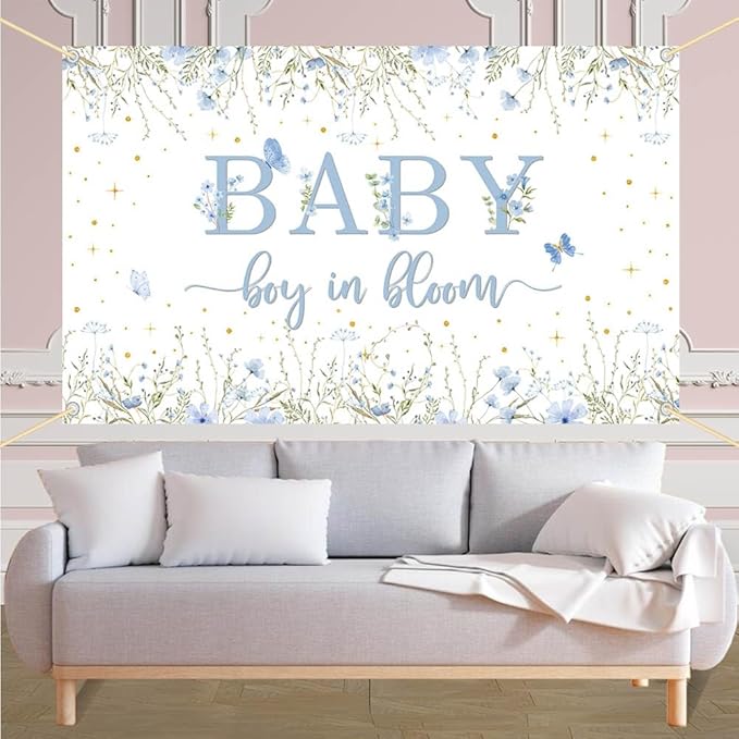 8x6ft Baby Boy in Bloom Backdrop for Boys Wildflower Baby in Bloom Baby Shower Decorations Banner Blue Floral Baby Shower Photography Background Cake Table Decor Supplies Photo Booth Prop