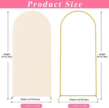Putros 6ft Metal Arch Stand with Cover Beige Spandex Fitted Wedding Arch Cover and Round Top Chiara Backdrop Stand Set for Birthday Party Baby Shower Decoration