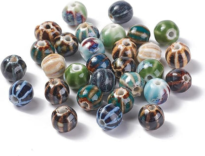 Beadthoven 100pcs Round Ceramic Beads 10mm Chunky Porcelain Beads for Jewelry Making Colorful Printed Vintage Handmade Chinese Ceramic Spacers Boho Jewelry Supplies for Bracelets Necklace Keychain DIY