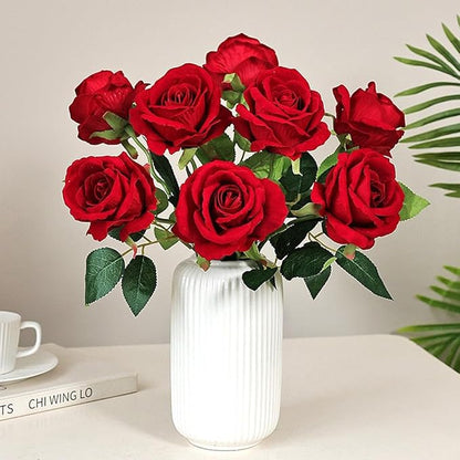 Jasion 50PCS Artificial Roses 4.14'' Realistic Velvet Large Flowers Long Stem Faux Flowers Bouquet for Wedding Home Party Table Centerpieces Decorations (Red)