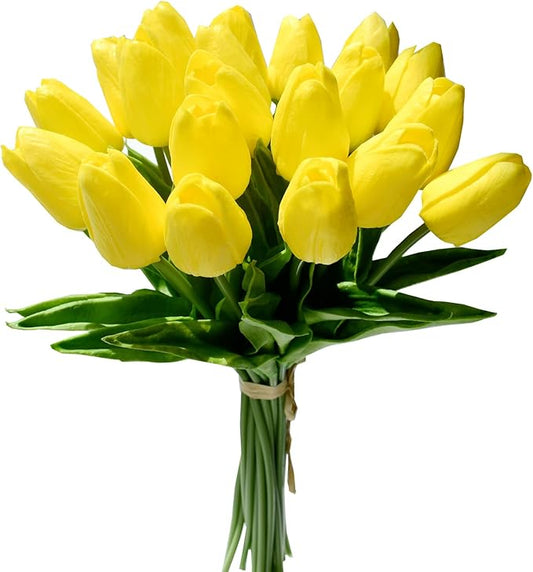 Mandy's Artificial Tulips 20 Stems Yellow PU Faux Flowers for Thanksgiving and Christmas Decorations Wedding Home Decor 13.5 Inch