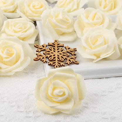 IPOPU Artificial Rose Flower Heads, 100 Pcs Real Looking Creamy Yellow Foam Fake Roses for DIY Wedding Baby Shower Centerpieces Arrangements Party Tables Home Decorations (Cream Yellow, Stemless)
