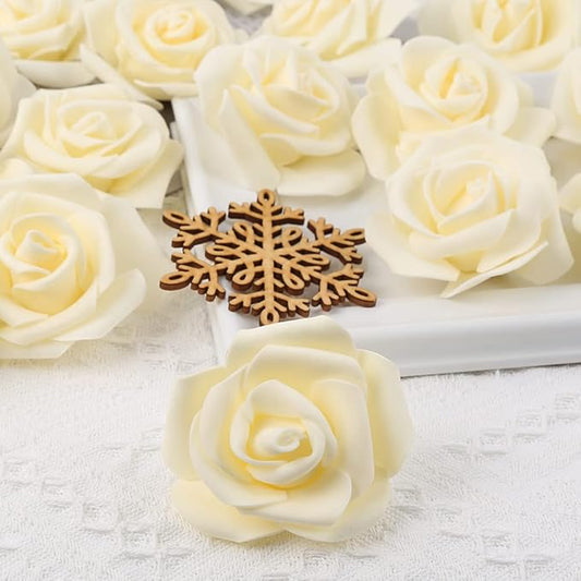 IPOPU Artificial Rose Flower Heads, 100 Pcs Real Looking Creamy Yellow Foam Fake Roses for DIY Wedding Baby Shower Centerpieces Arrangements Party Tables Home Decorations (Cream Yellow, Stemless)