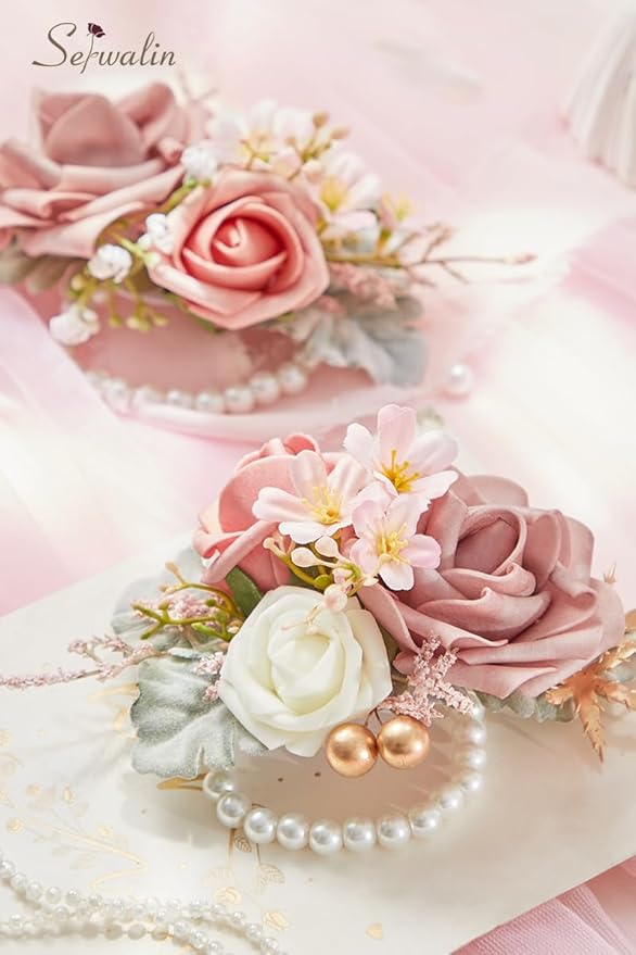 Serwalin Set of 2 Wrist Corsage for Wedding, 6-7 Inc𝗵 Corsages for Bridesmaid Mother Grandmother, Artificial Flowers for Prom Ceremony Anniversary Cake Topper(Pink)