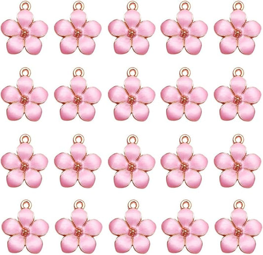 30 pcs Gold Plated Enamel Cherry Blossoms Flower Charms Pendan Cute Small Flower Pendants for Jewelry Making Kit Bracelet Necklace Earrings Keychain DIY Crafts Crafting