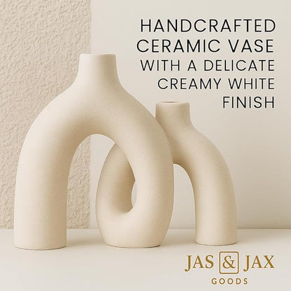 Cream White Decorative Vase Set - Modern Hug Donut Ceramic Vases by JAS & JAX GOODS, Minimalist Boho Style Centerpiece for Console Table, Living Room, Bookshelf, or Fireplace Mantel