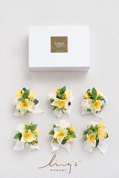 Ling's moment 6pcs Wedding Wrist Corsage Artificial Flowers, Girl/Mother Homecoming Prom Corsages Wristlet Décor, etc. Yellow Blush