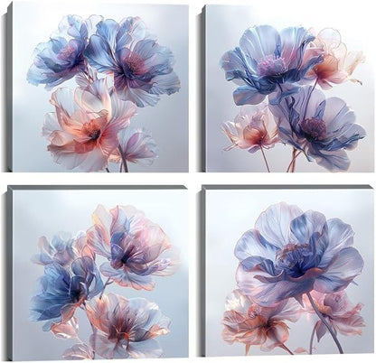 Pankila Canvas Flowers Wall Art Blooming Flowers Pictures Prints Blue Pink Flower Wall Decor for Living Room Bedroom Bathroom Home Decorations Painting Framed Artwork (16''W x 16''H x 4)