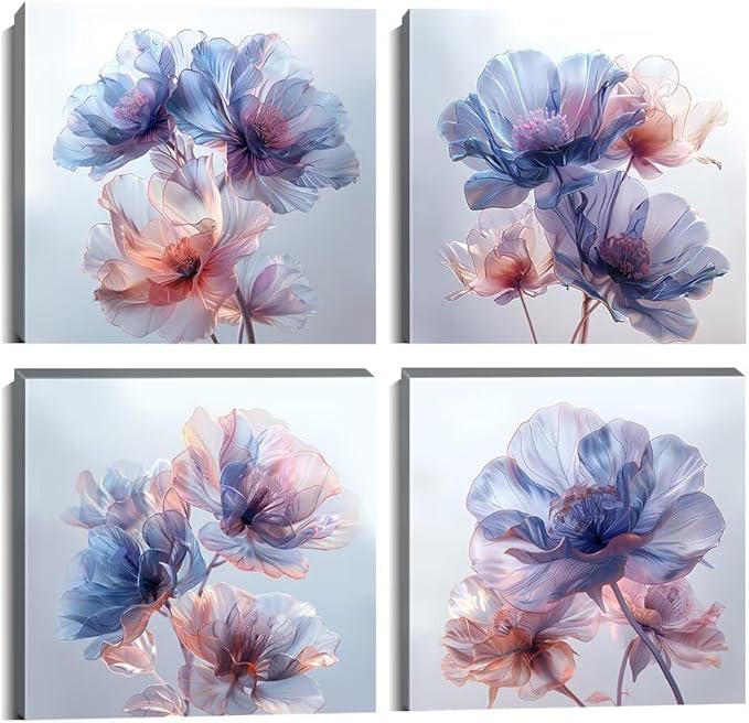 Pankila Canvas Flowers Wall Art Blooming Flowers Pictures Prints Blue Pink Flower Wall Decor for Living Room Bedroom Bathroom Home Decorations Painting Framed Artwork (24''W x 24''H x 4)