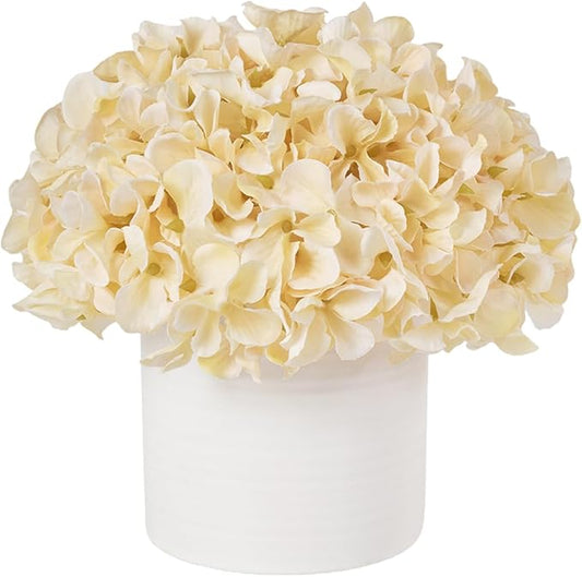 Hydrangea Fake Flowers in Vase, Artificial Flowers with Ceramic Vase Small Faux Potted Floral Arrangement for Bathroom Home Desk Kitchen Counter Vanity Shelf Coffee Table Centerpiece Decor (Champagne)