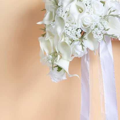 Bride Bouquets for Wedding,11 Inch White Calla Lily Cascading Bridal Bouquet Silk Flowers for Ceremony Anniversary Wedding Bridal Shower(Natural Whites)