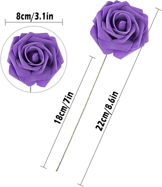 25pcs Artificial Flower Foam Rose Real Touch Roses Flower Heads with Stem for DIY Wedding Bouquets Centerpieces Arrangements Party Baby Shower Home Decor (Deep Purple)