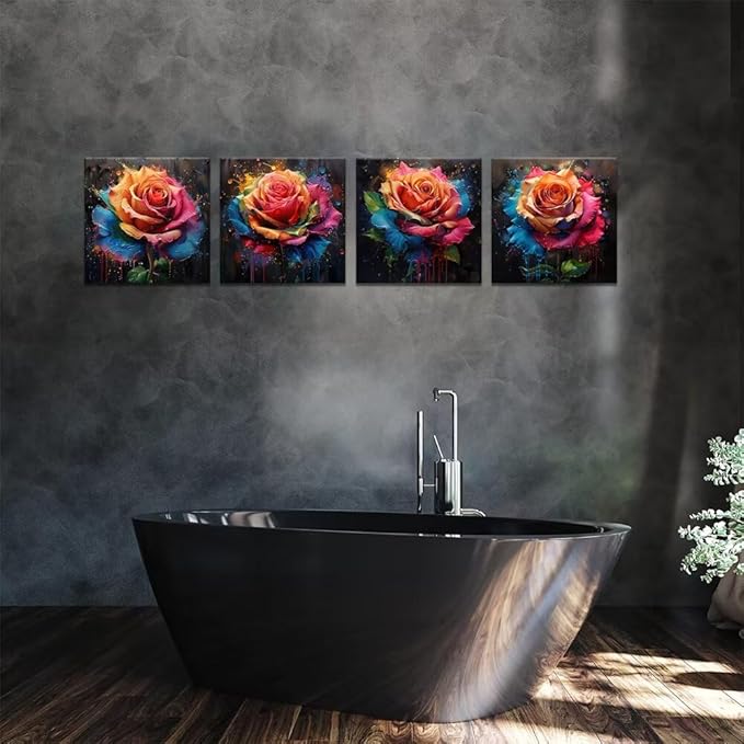 Pankila Colorful Rose Wall Art Floral Pictures Canvas Prints Abstract Rose Flower Wall Decor for Living Room Bedroom Bathroom Home Decorations Framed Artwork Ready to Hang (16''W x 16''H x 4)