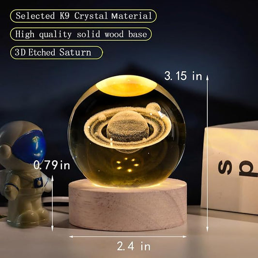 3D Saturn Crystal Ball with LED Stand, 60mm Glass Sphere Decorative Balls Lamp, Space Planet Model Galaxy Night Light Gifts for Women Kids