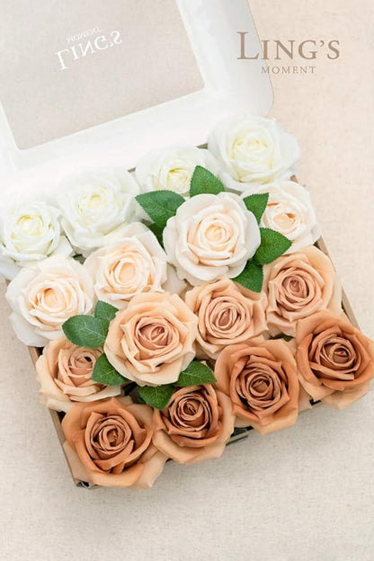 Ling's moment Artificial Flowers, 16pcs Burnt Orange Ombre Faux Silk Roses with Stems, 3.5" Fake Terracotta Flowers Bulk for DIY Wedding Bouquets Centerpieces Party Baby Shower Home Decoration