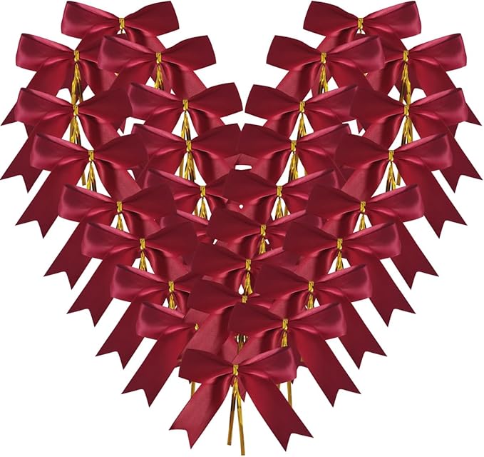 50pcs 3-1/2" Burgundy Twist Ties Satin Wine Color Bows with Twist Tie Bows Fish Tail Cutting(Burgundy)