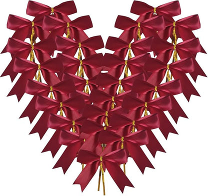 50pcs 3-1/2" Burgundy Twist Ties Satin Wine Color Bows with Twist Tie Bows Fish Tail Cutting(Burgundy)