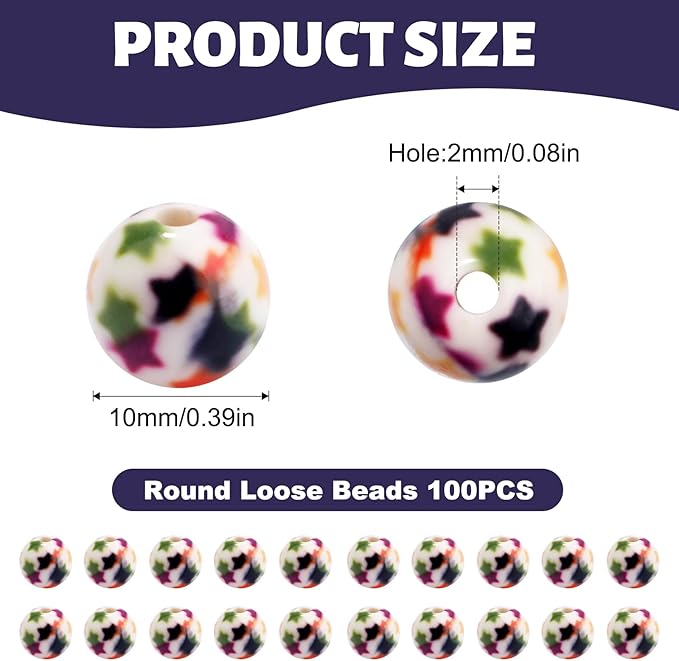100 PCS 10mm Resin Beads Bulk for Bracelet Making Kit, Colorful Five-Pointed Star Printed White Round Loose Beads for Jewelry Earring Necklace Rings Art Craft DIY Projects