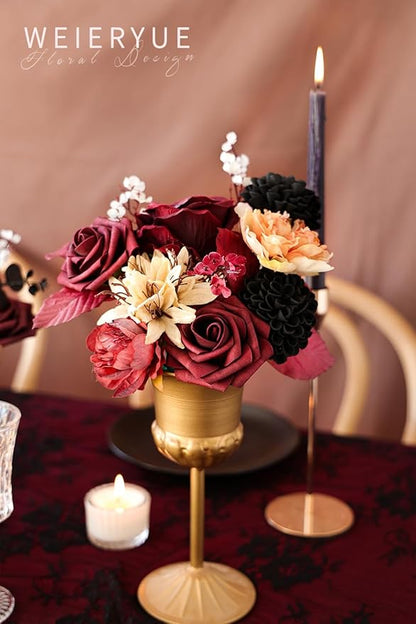 Artificial Flower Box Set Silk Fake Flowers DIY Center Cake Decoration Wedding Bouquet Corsage Home Decor Outdoor Decor Gift (Gothic Black and Red)