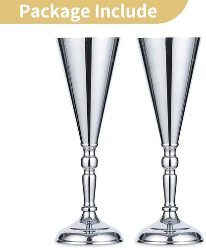 2 Pcs/ Set Tabletop Silver Metal Wedding Flower Trumpet Vase Table Decorative Centerpiece Artificial Flower Arrangements for Anniversary Ceremony Party Birthday Event Aisle Home Decoration