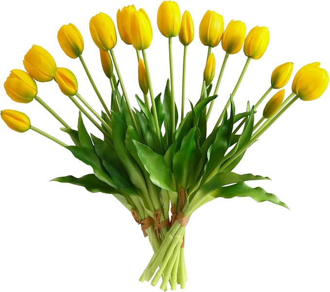 Artificial Tulips 20pcs Fake Yellow Tulips Real Touch, Faux Latex Tulips Flowers with Gift Box for Party Wedding Home Room Decoration