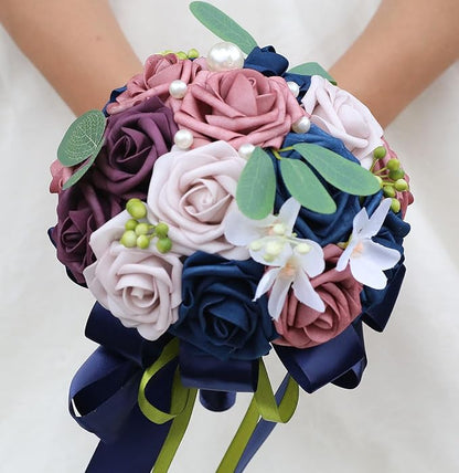 Lightweight Bridal Wedding Bouquet Round Holding Bouquet Throw Toss Artificial Rose Flower Bunch for Bride Bridesmaid Wedding Quinceanera (Navy, Smoky Rose, Light Taro & Dark Puce, 7.9")