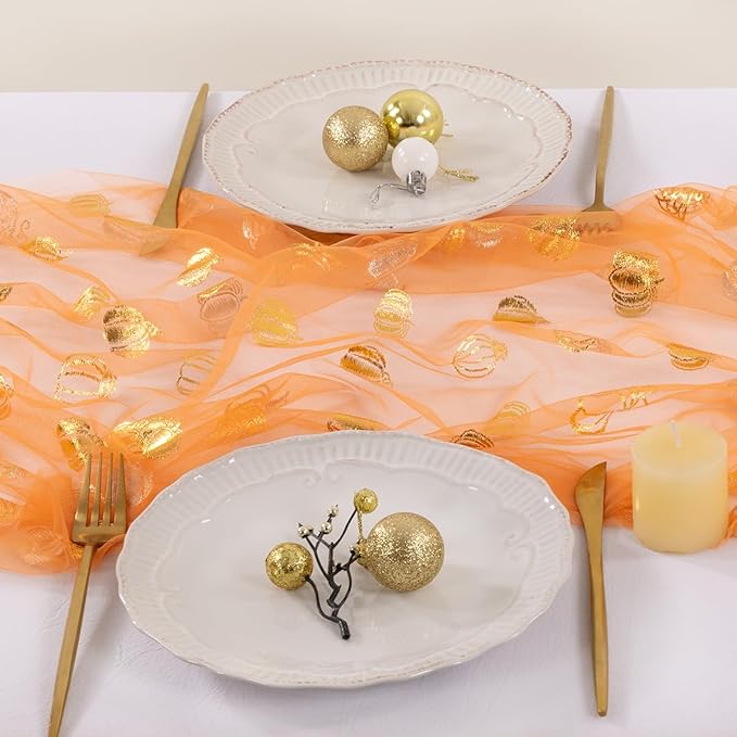 Socomi Gold Table Runner Fall Pumpkin Gauze Sheer Chiffon Cheesecloth Sequin 10FT Glitter Metallic Foil Dining Wedding Birthday Party Baby Shower Holiday Centerpiece Table Decor 3pcs Orange