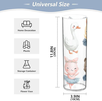 Flower Vase Clear Plastic Cylinder Vases Decor for Centerpieces Home Storage Office Weddings Cartoon Ballet Animals Duck Rabbit Sheep 11.8 x 3.9 in