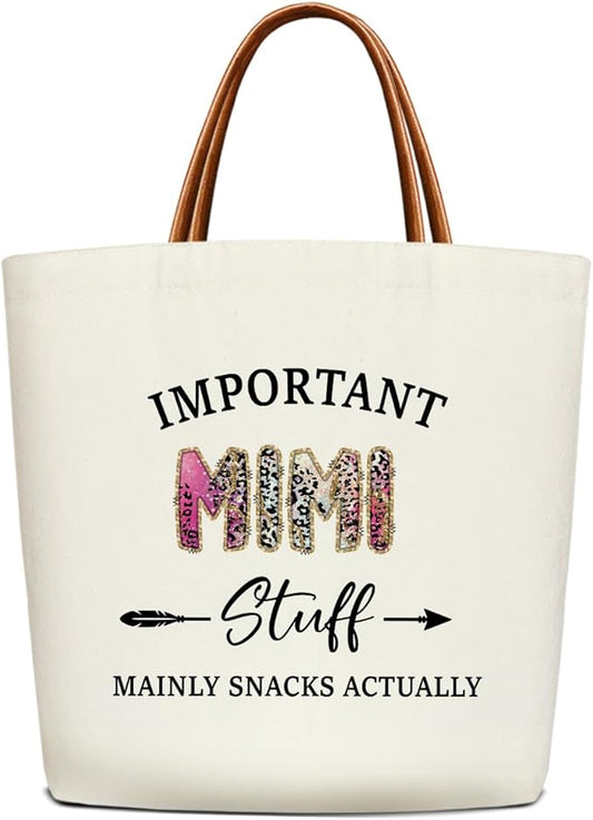 Canvas Tote Bag for Women, Important Stuff Bag with Leather Handle, Reusable Grocery Bags for Shopping Beach Travel