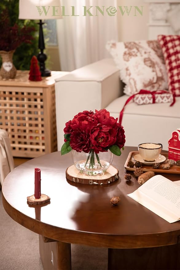 WELL KNOWN Artificial Flowers in Vase, Silk Peonies Flowers for Vase with Faux Water, Fake Flower Arrangements for Thanksgiving Fall Winter Coffee Dinning Table Centerpieces Decor (Burgundy Red)