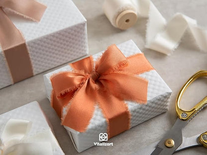 Vitalizart Silky Satin Ribbon Fall 1 Inch x 15 Yard Wooden Spool Terracotta & Cream Handmade Frayed Ribbon for Gift Wrapping Baby Shower Wedding Bridal Bouquets Holiday Decor