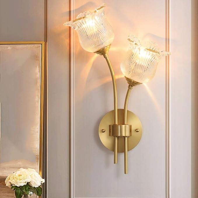 Elegant Double Head Wall Sconce, Vintage Brass Floral Design with Fluted Clear Glass Tulip Shades, Brushed Gold Accent Lamp for Living Room, Bedroom Bedside, Dining Room Decor