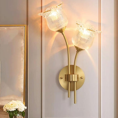 Elegant Double Head Wall Sconce, Vintage Brass Floral Design with Fluted Clear Glass Tulip Shades, Brushed Gold Accent Lamp for Living Room, Bedroom Bedside, Dining Room Decor