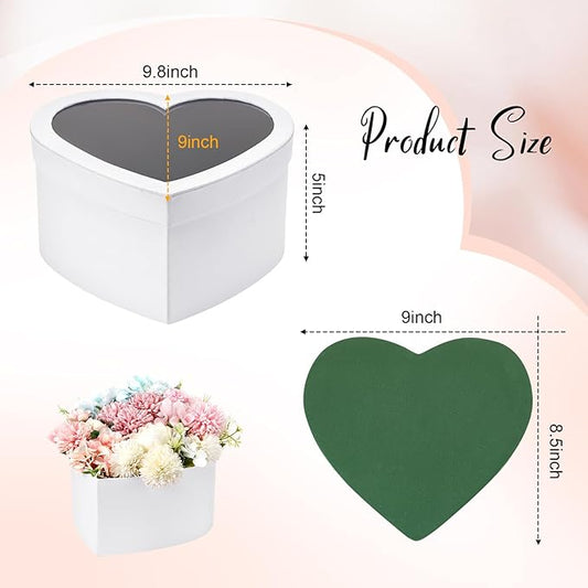 Nuenen Heart Shaped Flower Gift Boxes, Floral Gift Box with Lids Floral Foam Clear Cellophane 9.8 x 9 x 5 Inches for Birthday Wedding Proposal Packaging Arrangements(White)