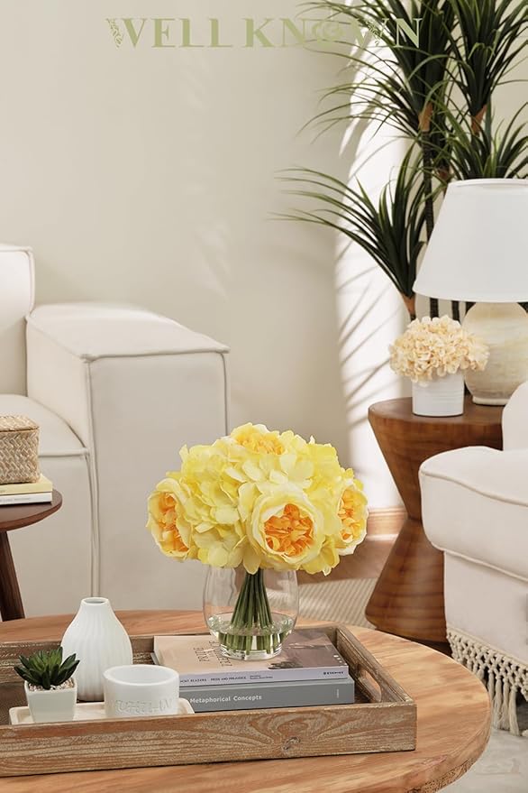 Artificial Flowers in Vase, Silk Austin Rose & Hydrangea Yellow Flowers with Fake Water, Real Touch Fake Flower Arrangements for Home Hotel Office Wedding Dinning Table Centerpiece Decor & Gift