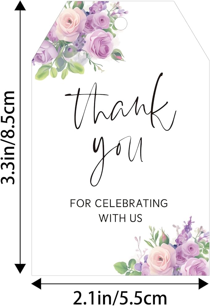 G2PLUS 50PCS Thank You Gift Tags with Twine, 3.3X2.2In Purple Floral Paper Tags for Wedding Favors, Baby Shower, Bridal Shower, Party Decorations