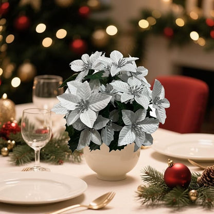 6 Pack Slive Christmas Artificial Poinsettia Flowers Faux Poinsettia Bush Bouquets Silk Poinsettia Christmas Tree Ornaments Poinsettia Flower Arrangement for Home Decor