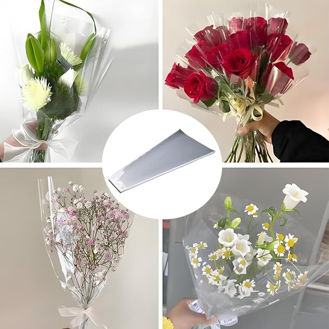 LAYYUK 100 Pcs Clear Plastic Flower Bouquet Sleeve Bags,Transparent Cellophane Rose Packaging Bags Gift Wrap Cellophane for Valentine's Day Gift Packaging