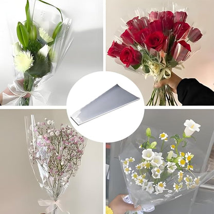 LAYYUK 100 Pcs Clear Plastic Flower Bouquet Sleeve Bags,Transparent Cellophane Rose Packaging Bags Gift Wrap Cellophane for Valentine's Day Gift Packaging
