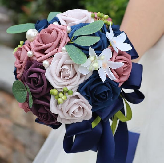 Lightweight Bridal Wedding Bouquet Round Holding Bouquet Throw Toss Artificial Rose Flower Bunch for Bride Bridesmaid Wedding Quinceanera (Navy, Smoky Rose, Light Taro & Dark Puce, 7.9")