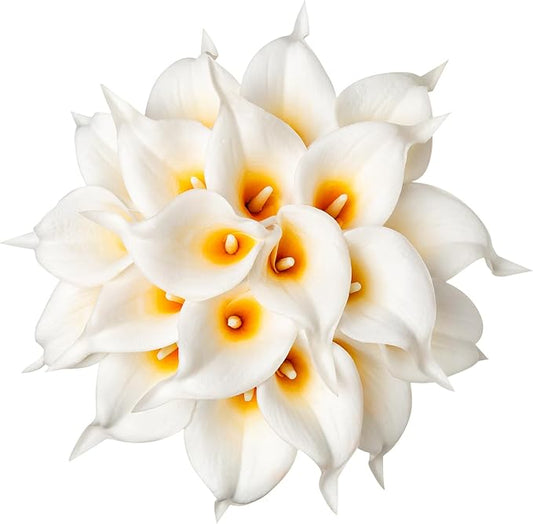 DuHouse 20Pcs Artificial Calla Lily Flower Real Touch Latex Flowers for DIY Wedding Bouquet Party Home Decor (White Orange)