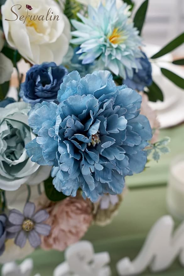 Serwalin Artificial Flowers Blue Silk Fake Flowers Cake Flowers for DIY Wedding Bouquets Bridal Shower Centerpieces Floral Arrangements Party Home Decorations